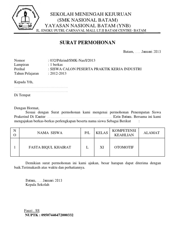 Surat Pengajuan Pkl Smk Contoh Surat Permohonan Mutasi Kop Surat - Riset