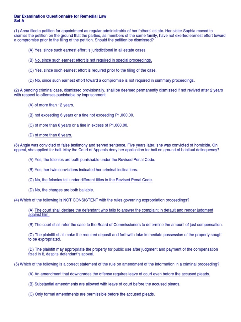 Bar Examination Questionnaire for Remedial Law Lawsuit Bail