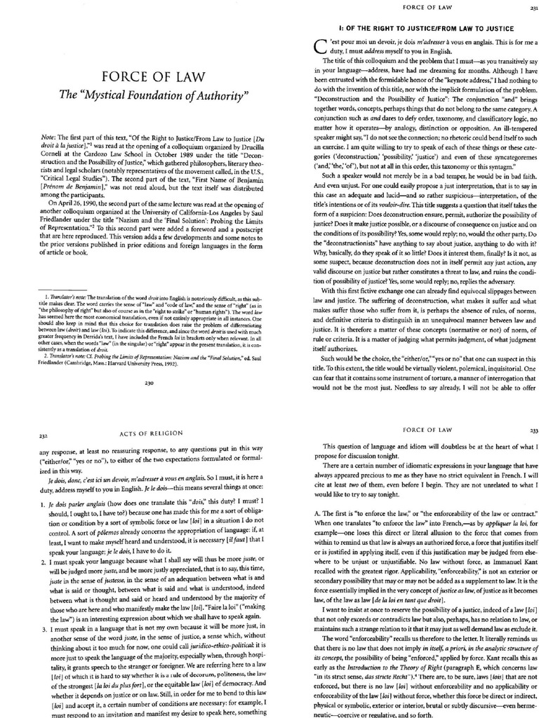 Derrida Force of Law The Mystical Foundation of