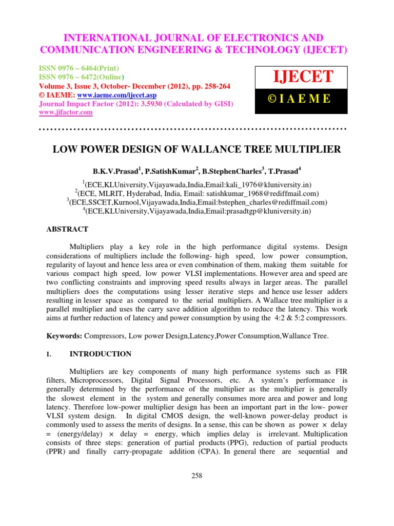 Low Power Design of Wallance Tree Multiplier | PDF | Electricity ...