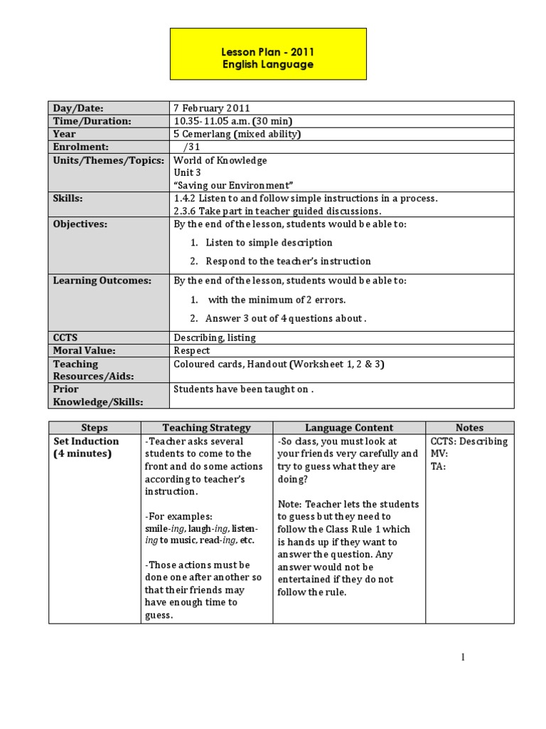 Sample Lesson Plan on Saving the Environment | Lesson Plan | Applied