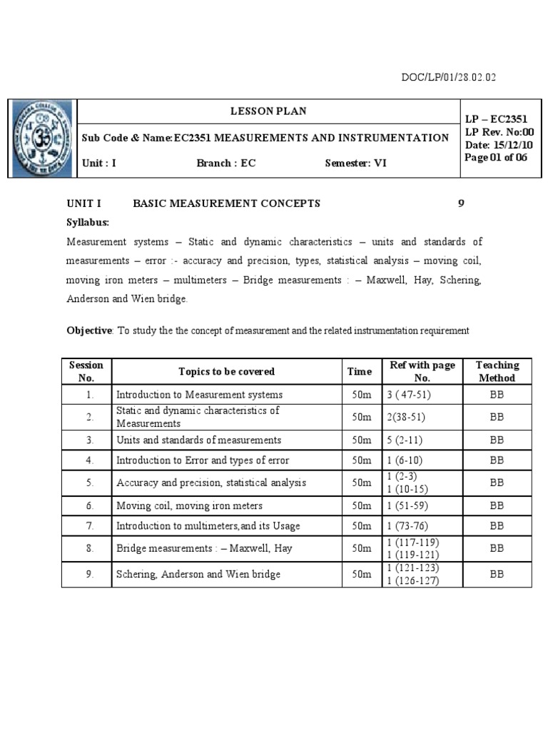 Lesson Plan | PDF | Measuring Instrument | Equipment