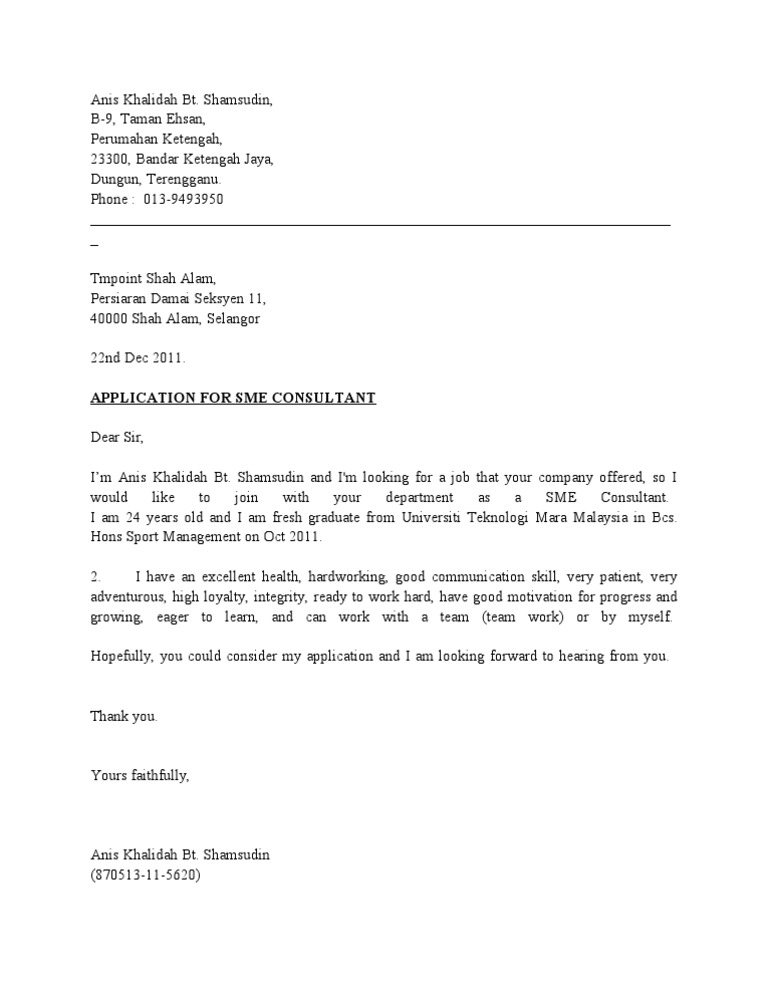 cover letter contoh english