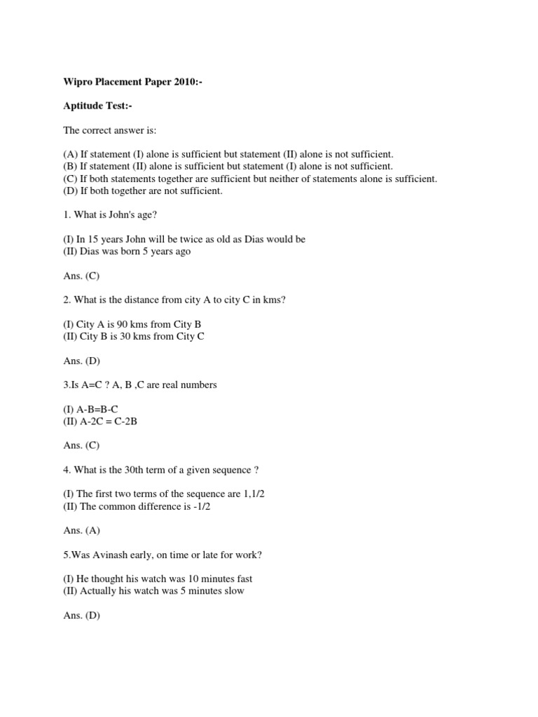 Wipro 2010 Placement Paper Solutions | PDF | Computers