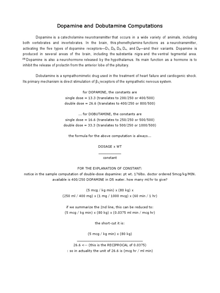 Dopamine and Dobutamine Dosage Calculations | PDF | Dopamine ...