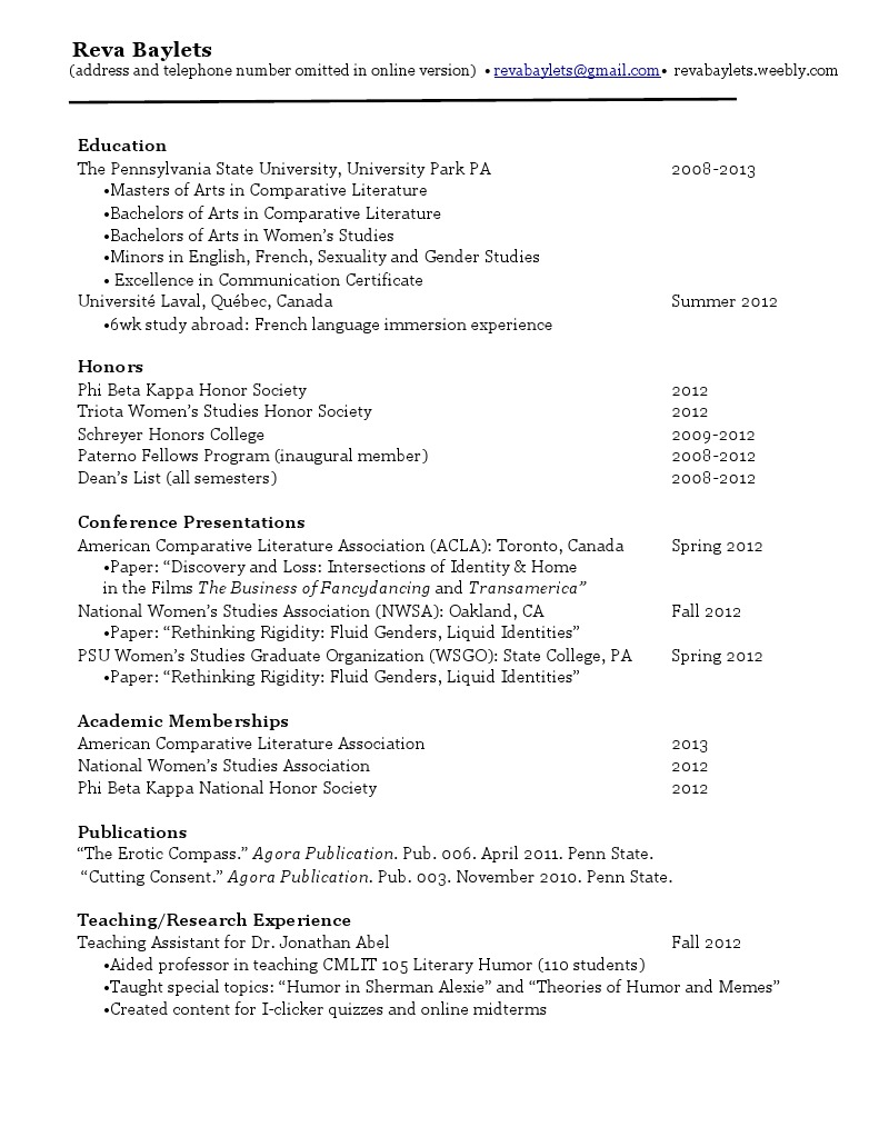 Comparative Literature and Women's Studies Resume | PDF | Pennsylvania ...