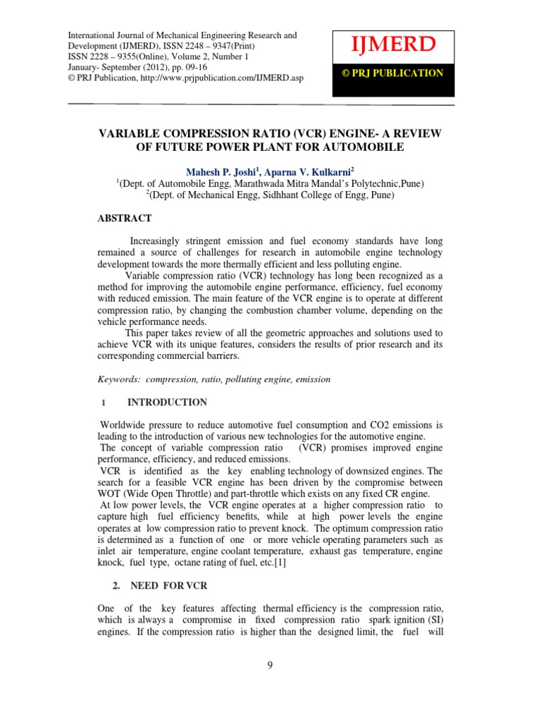 Variable Compression Ratio (VCR) Engine A Review PDF