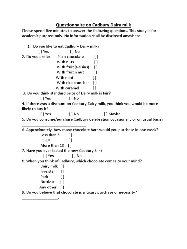 Questionnaire On Cadbury Dairy Milk PDF Chocolate Brand