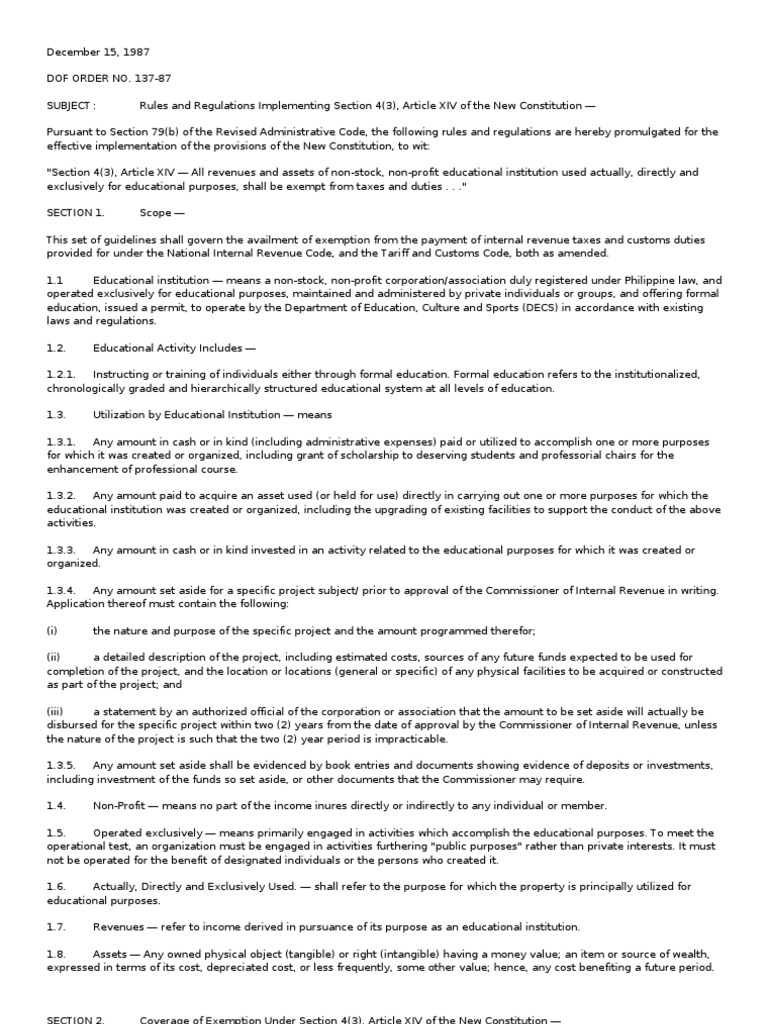 Rules and Regulations Implementing Tax Exemption Provisions for Non