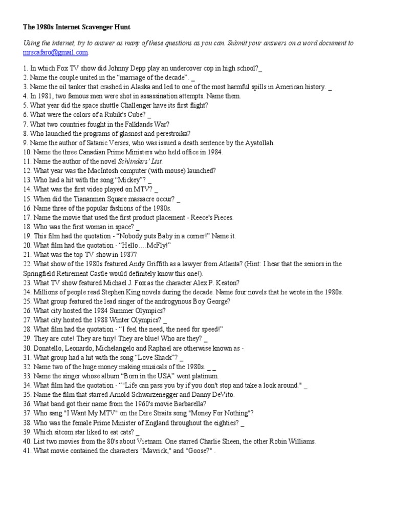 Worksheets Internet Scavenger Hunt Worksheet the 1980s internet scavenger hunt leisure entertainment general