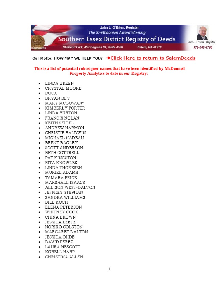 Robo Signer Posted List From Southern Essex County MA Registry of Deeds