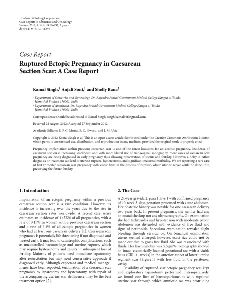 Case Report Ruptured Ectopic Pregnancy in Caesarean Section Scar A