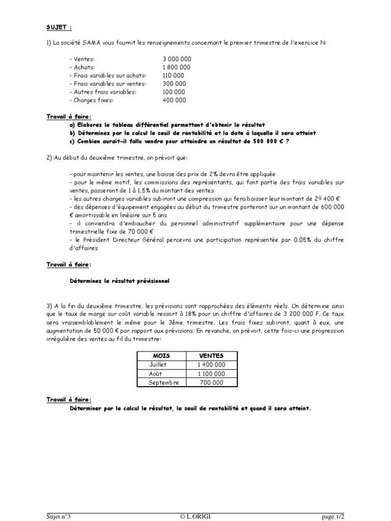 Exercice 8 Sujet Et Correction (Seuil de Rentabilite) | PDF | Prix ...