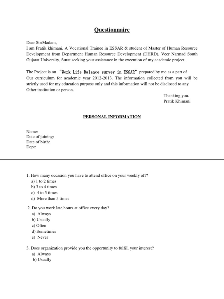 Work Life Balance Questionnaire - 2 | PDF | Quality Of Life | Cognition