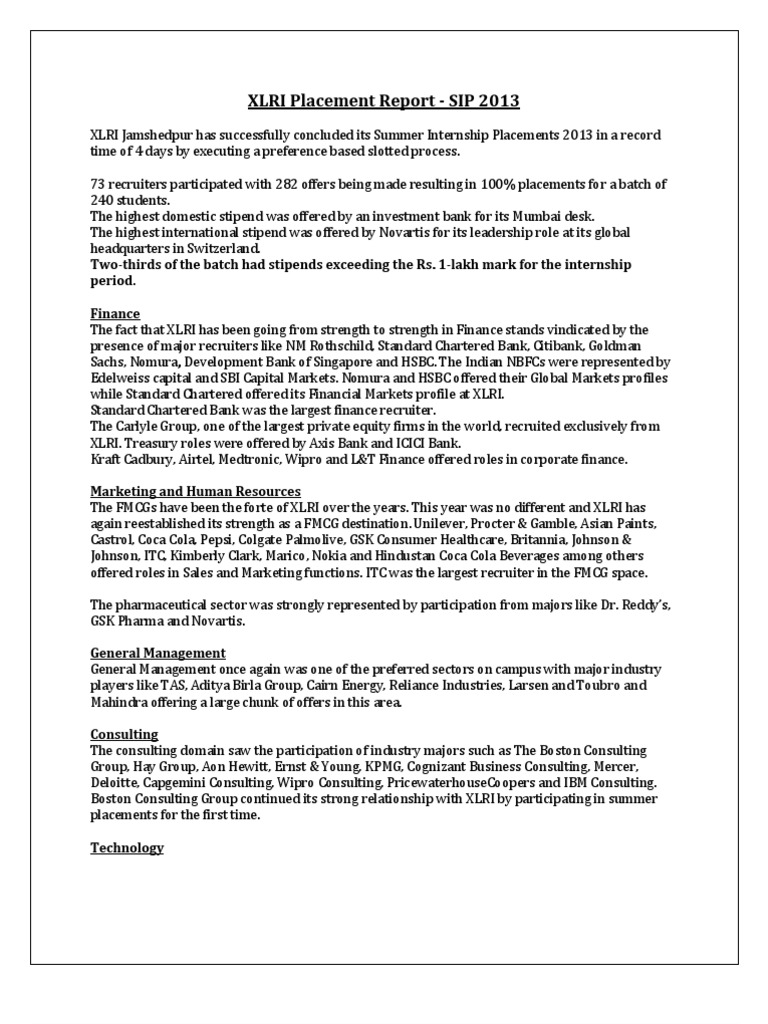 Xlri Placement Report Sip 2013 Pdf Financial Services Companies