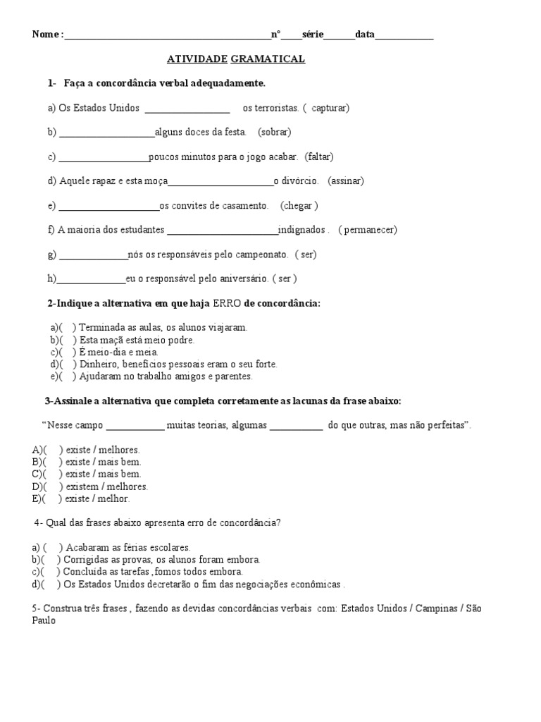 Gabarito Sobre Concordância Verbal I, PDF, Assunto (gramática)