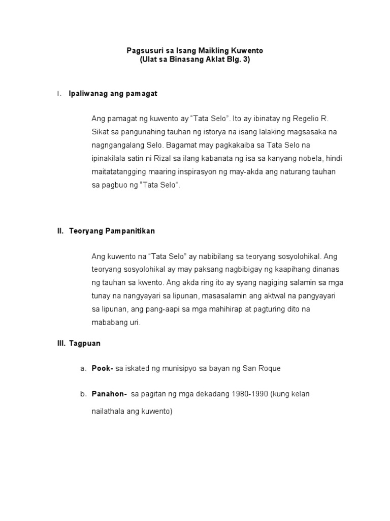 Pagsusuri Sa Isang Maikling Kuwento | PDF