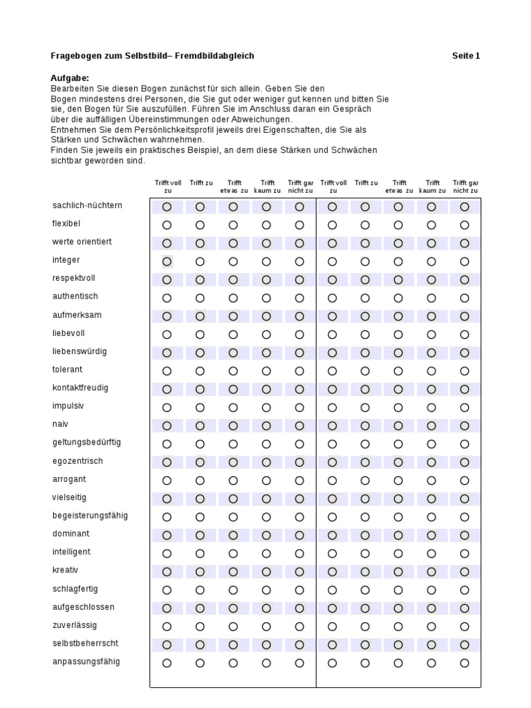 Fragebogen Zum Selbstbild-Fremdbild Abgleich | PDF