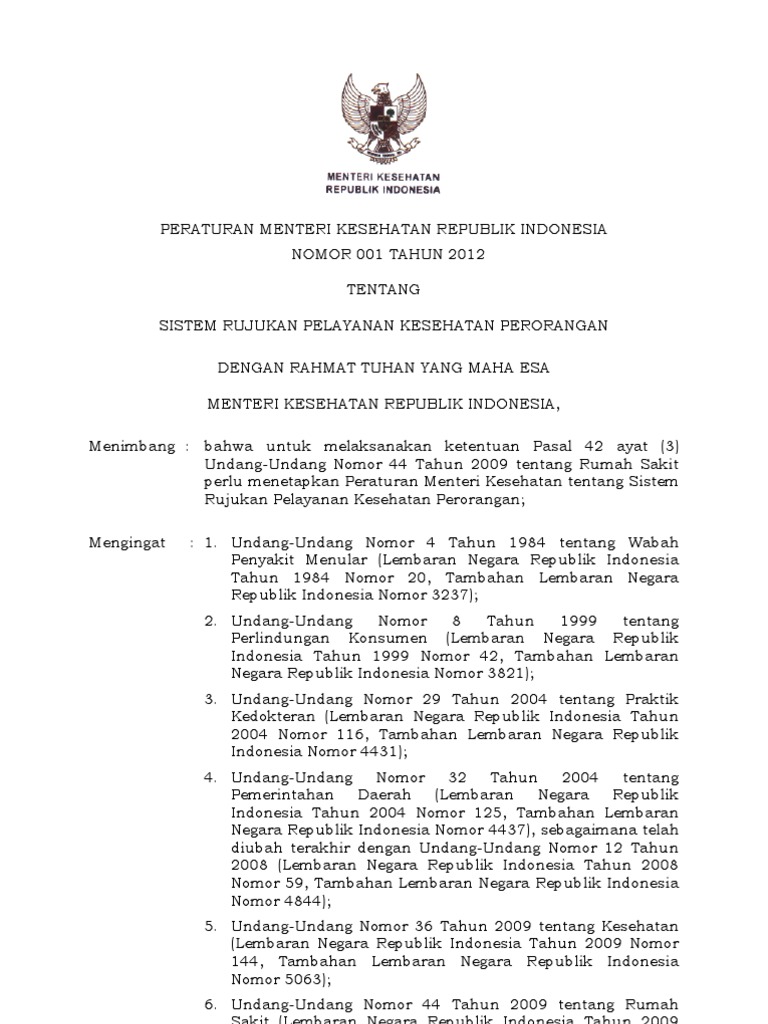 PMK No 001 Ttg Sistem Rujukan Pelayanan Kesehatan Perorangan