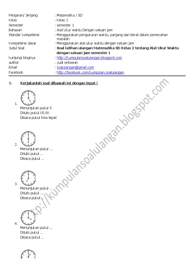 Materi Soal Cerita Jam Sd Kelas 2