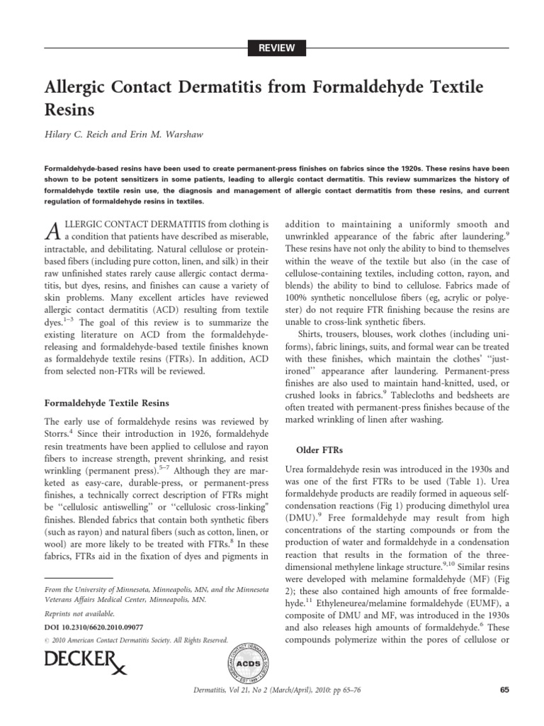 Allergic contact dermatitis from formaldehyde textile resins