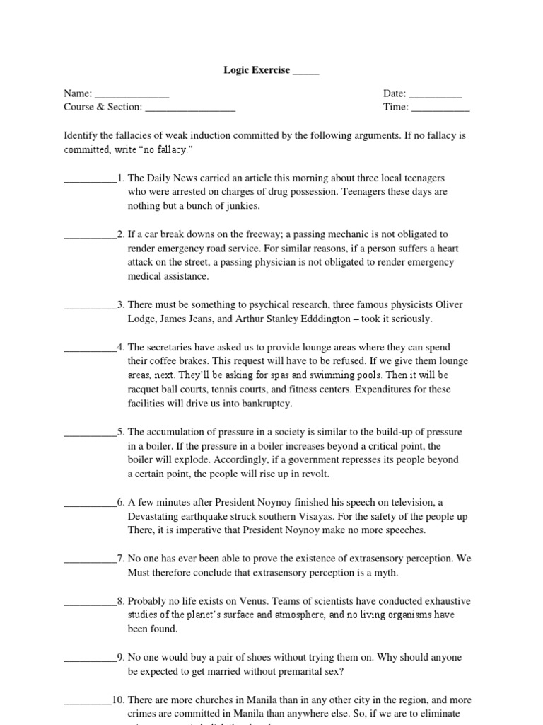 Logic Exercise Fallacy Weak Induction PDF 