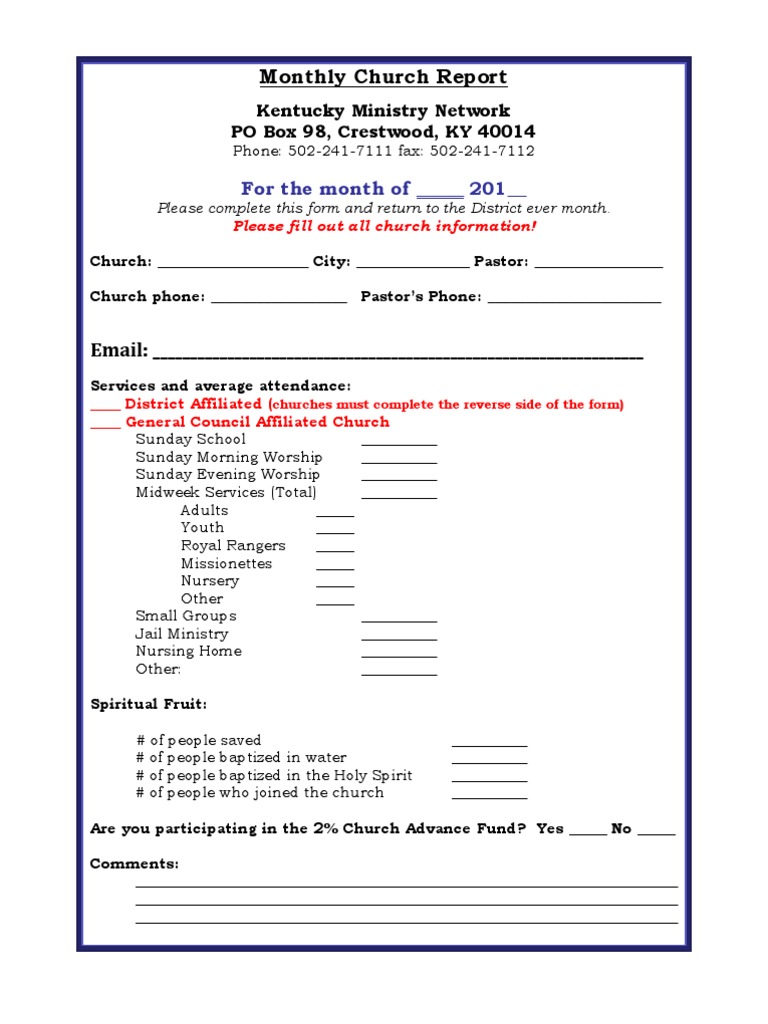 Blank Monthly Church Report Form