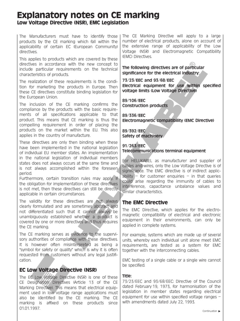 Explanatory Notes On CE Marking: Low Voltage Directive (NSR), EMC ...