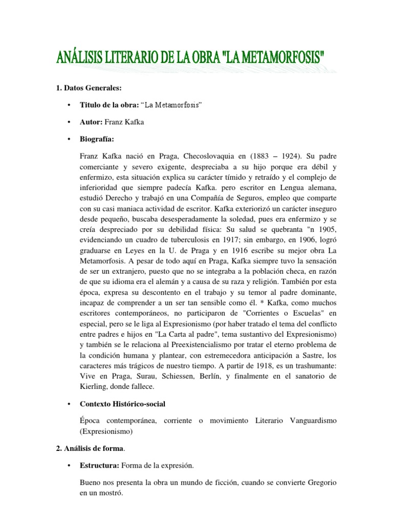 Analisis Literario La Obra La Metamorfosis