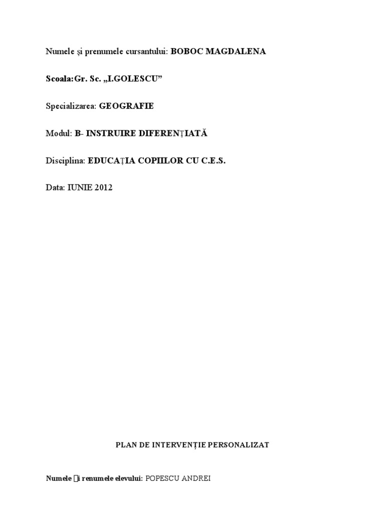 Plan De Interventie Personalizat