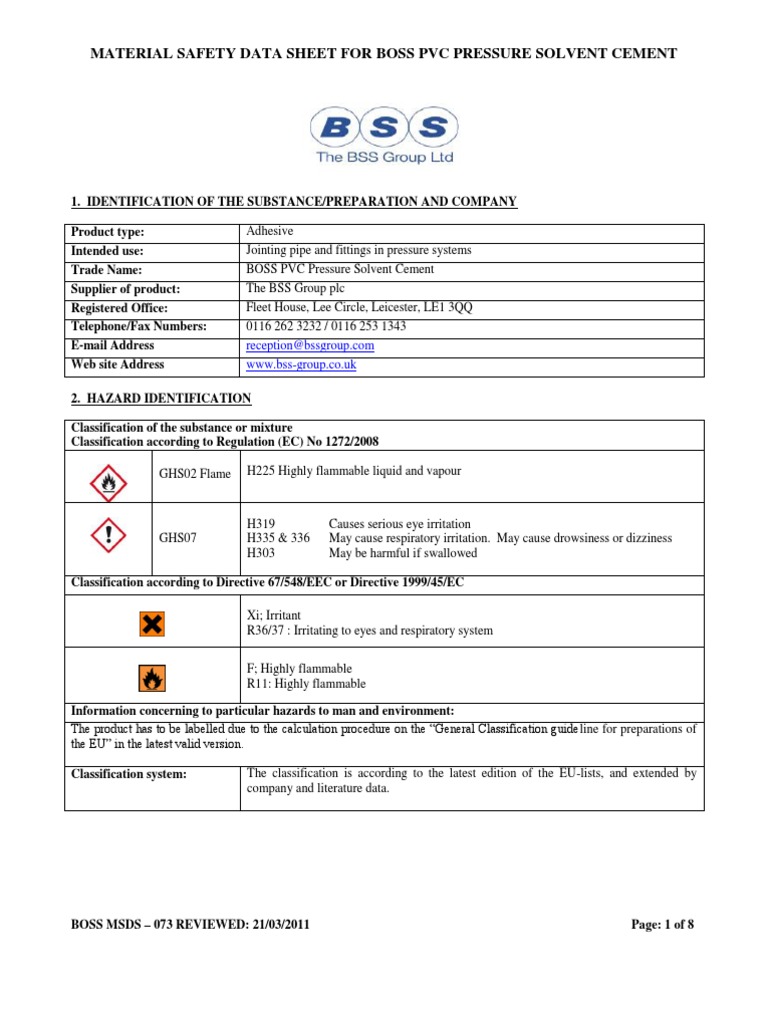 Boss PVC Pressure Solvent Cement PDF Polyvinyl Chloride Water