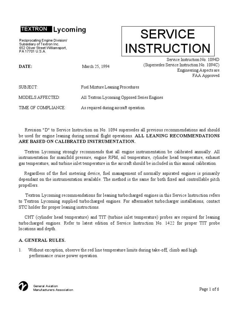 Service Instruction: Lycoming | Download Free PDF | Turbocharger | Engines
