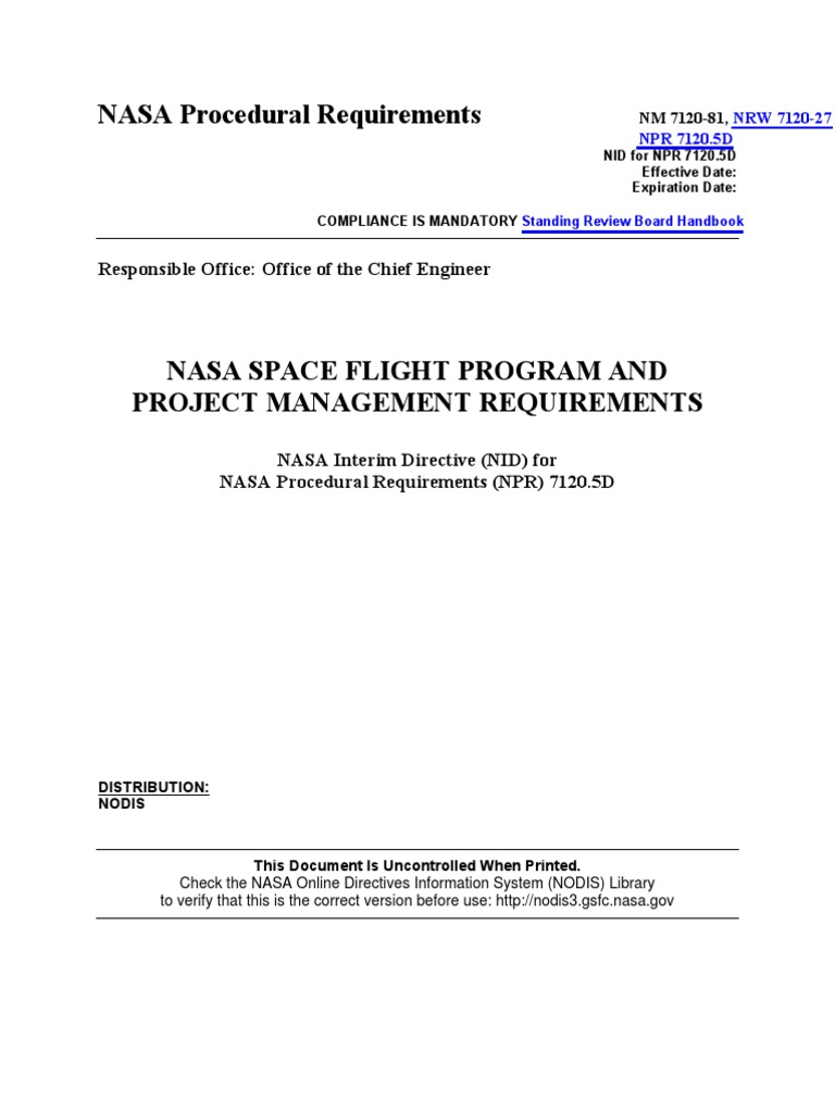 NASA Space Flight Program and Project Management Requirements, NM 7120