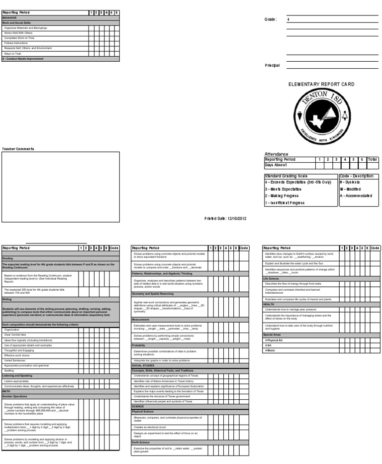 Denton ISD Blank Report Card | PDF | Reading (Process) | Learning