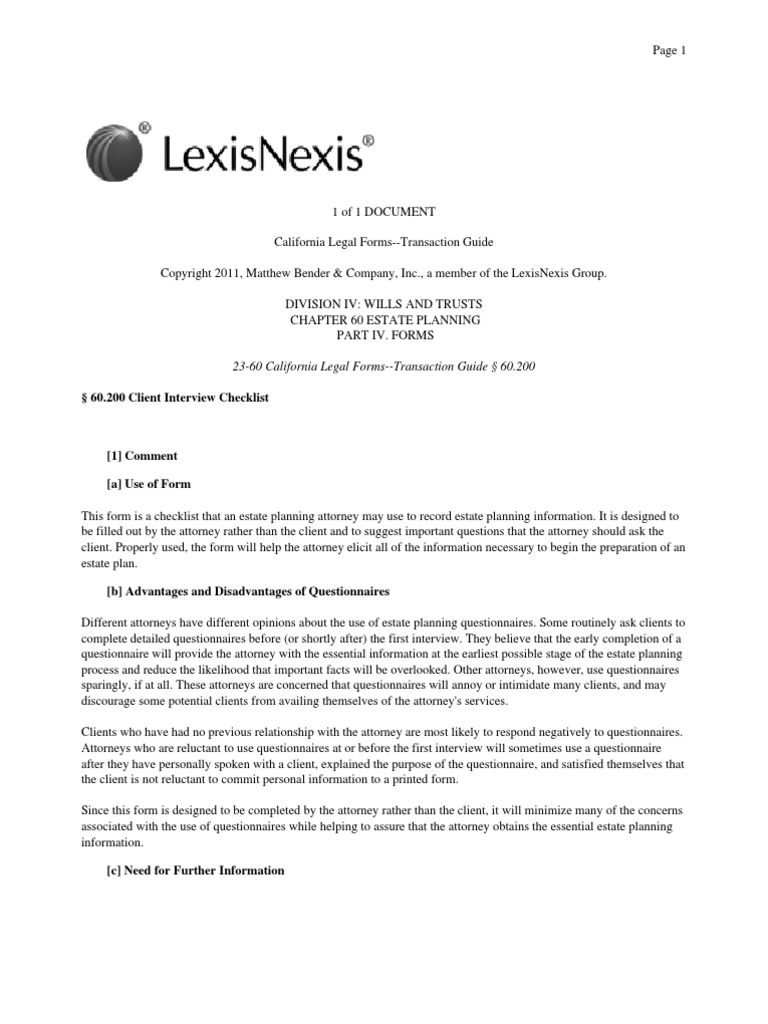 60.200 Client Interview Checklist 2360 California Legal Forms