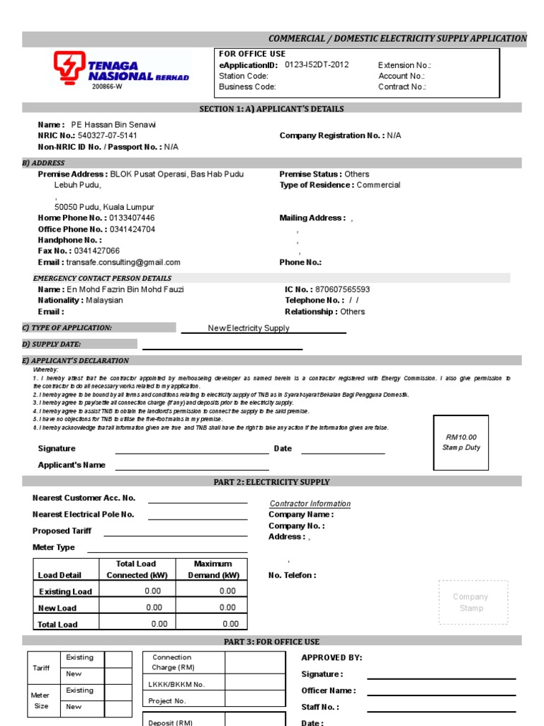 TNB Electricity Supply Application Form | PDF
