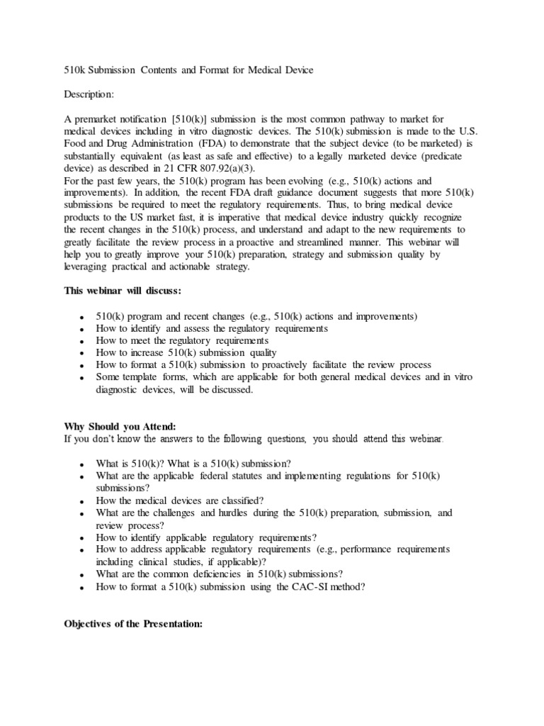510k Submission Contents and Format For Medical Device | PDF | Federal ...