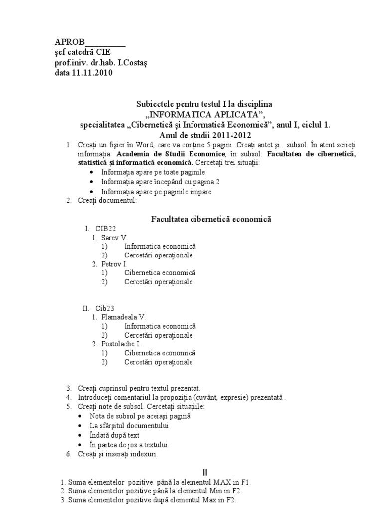 Subiecte Informatica Testul NR 1 ASEM | PDF
