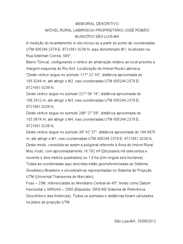Memorial Descritivo Imóvel Rural Labirisica | PDF