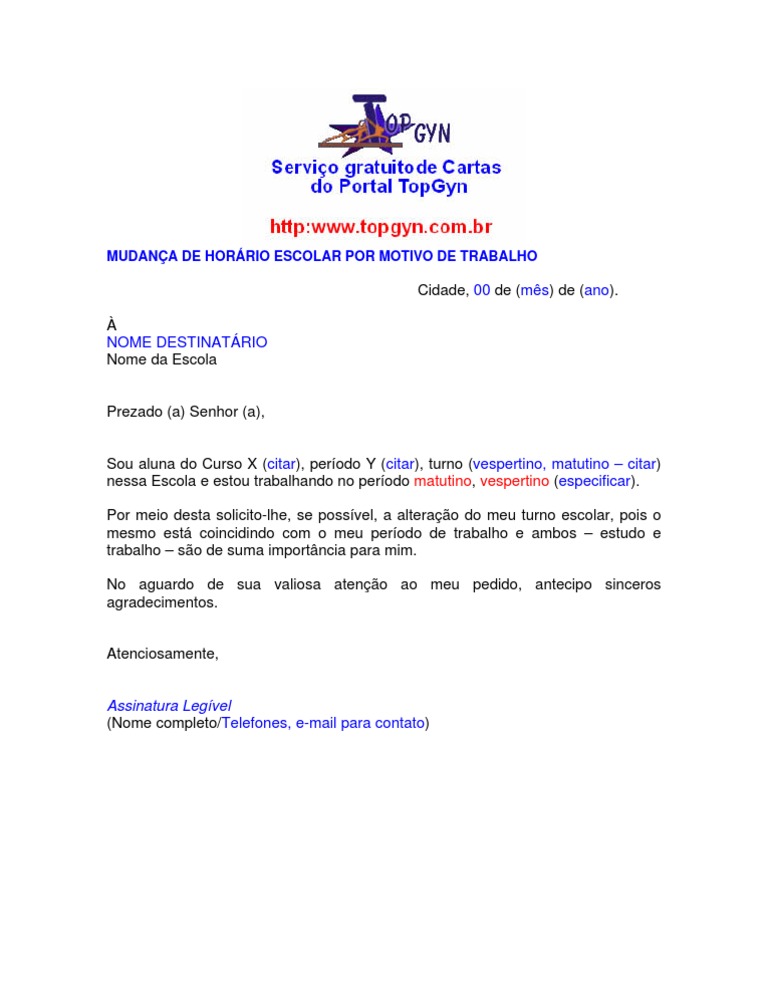 Solicitacao de Mudanca Do Horario Escolar Por Motivo de Trab