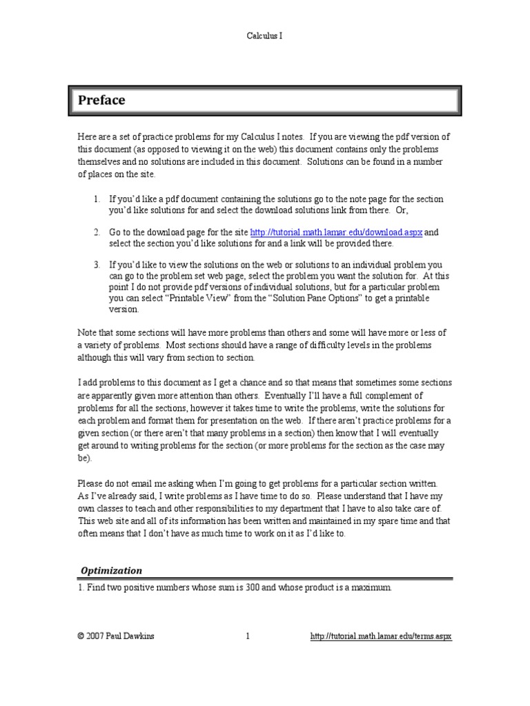 Calculus I Optimization Practice | PDF | Maxima And Minima | Portable ...