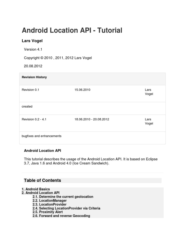 Android Location API - Tutorial: Lars Vogel | PDF | Android (Operating ...