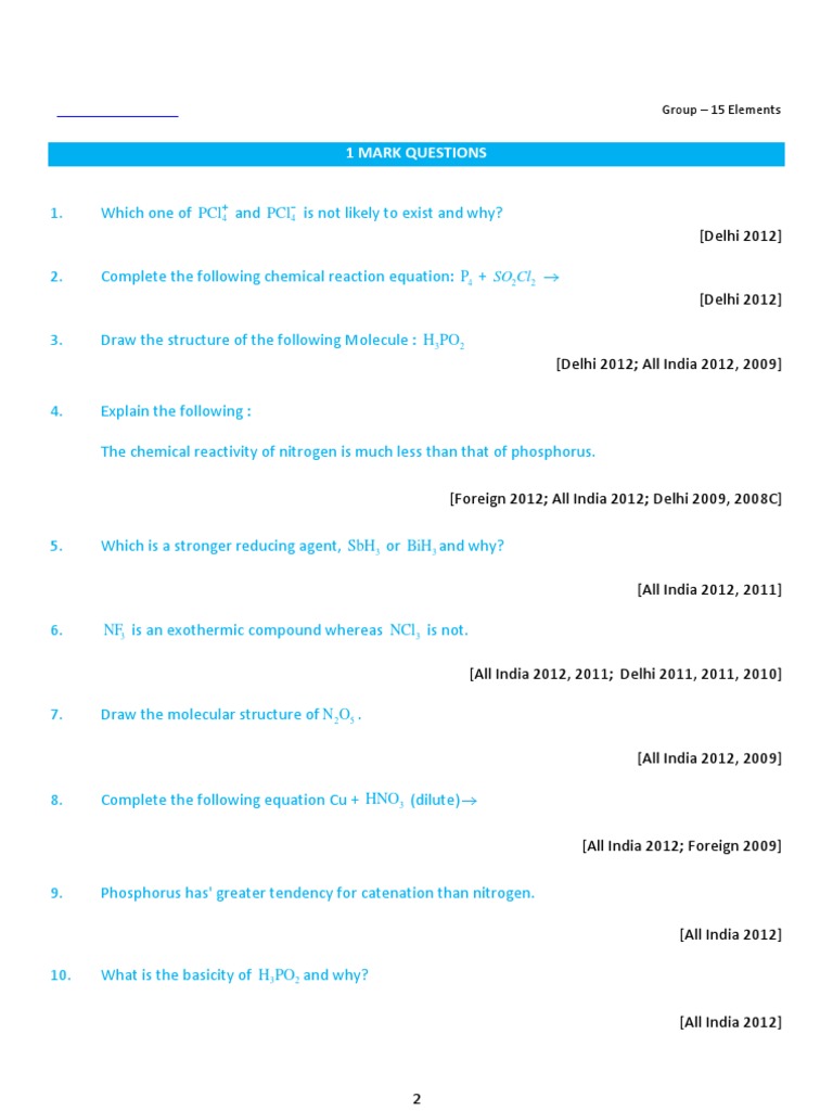 Group 15 P Block Important Questions Pdf Acid Nitrogen