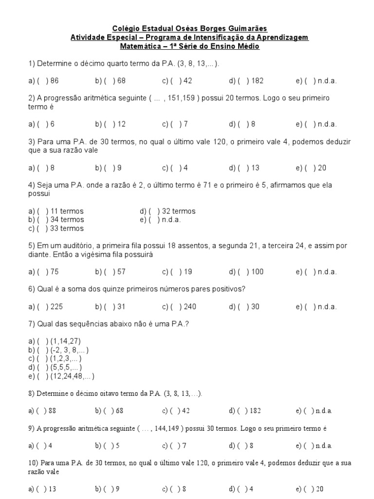 Atividades de Progressão Aritmética