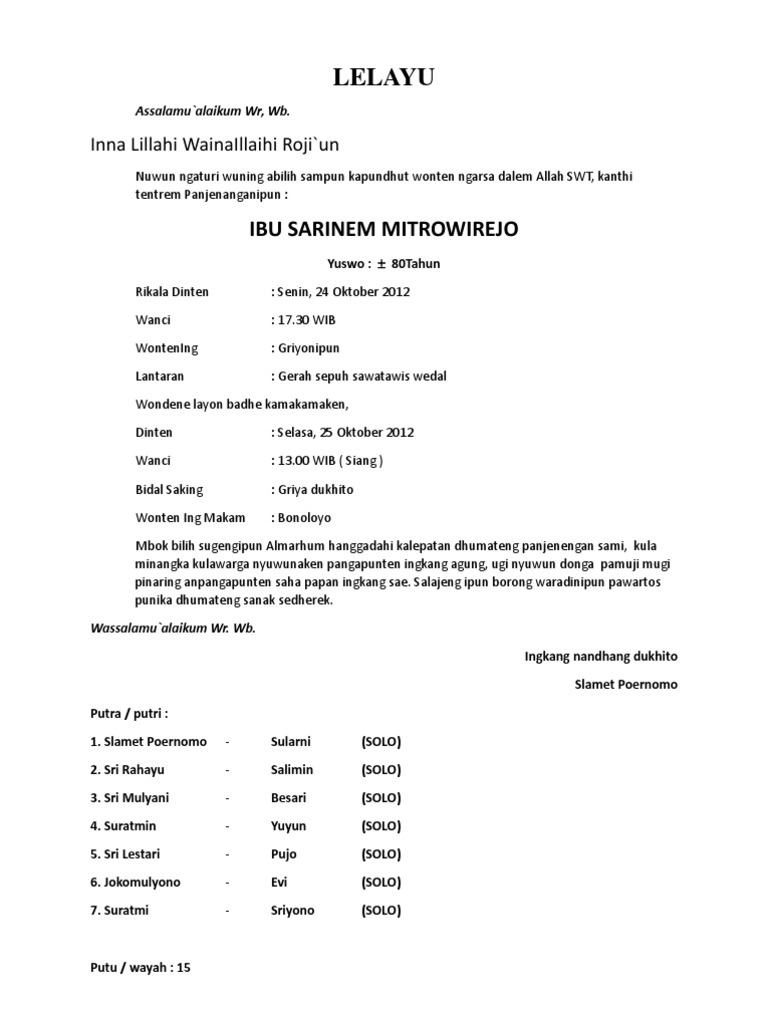 Contoh Lelayu Bhasa Jawa