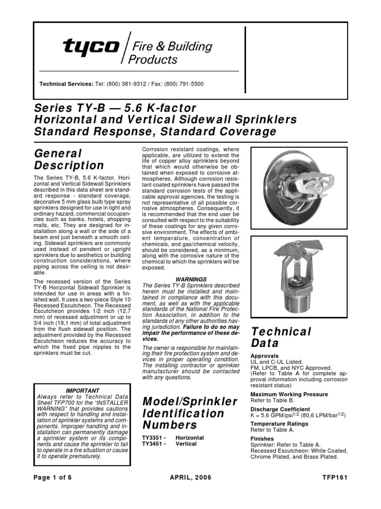 Horizontal and Vertical Sidewall Sprinklers Technical Specifications
