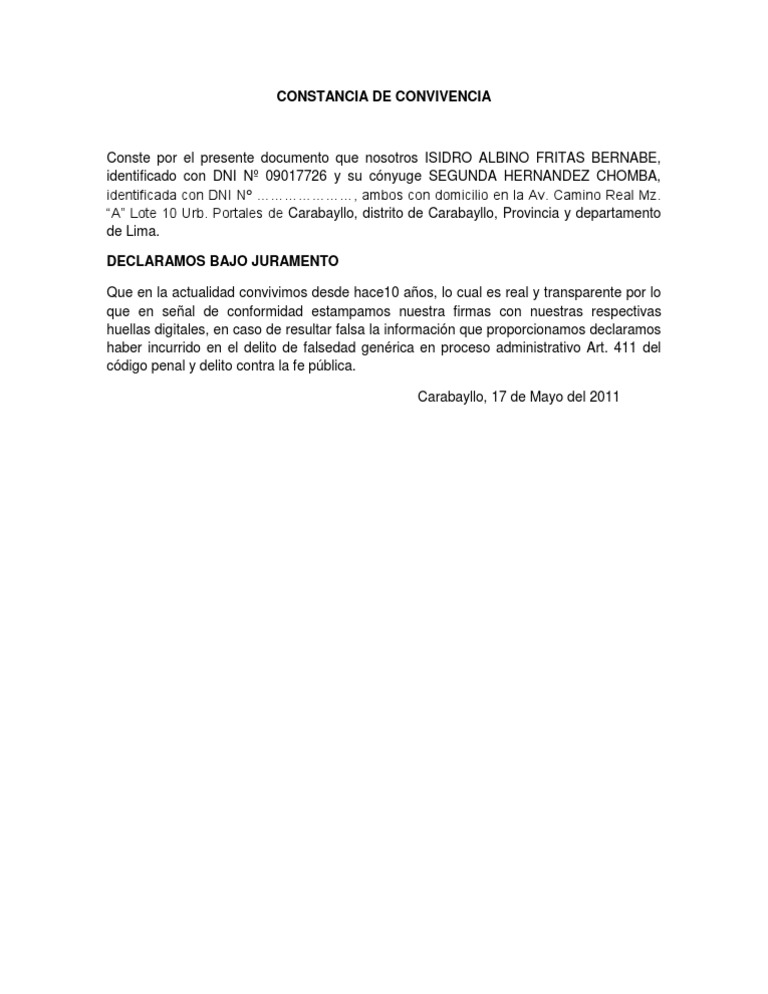 MODELO DE CONSTANCIA DE CONVIVENCIA