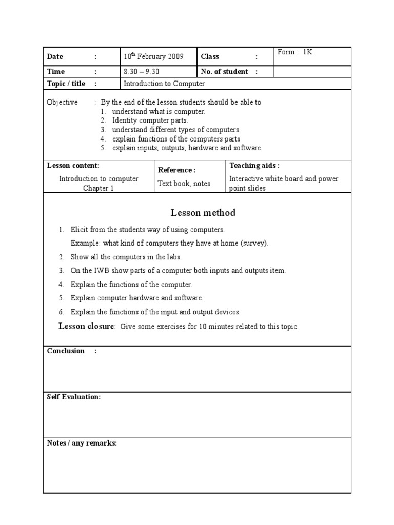 Lesson Plan For 1K | PDF | Computers