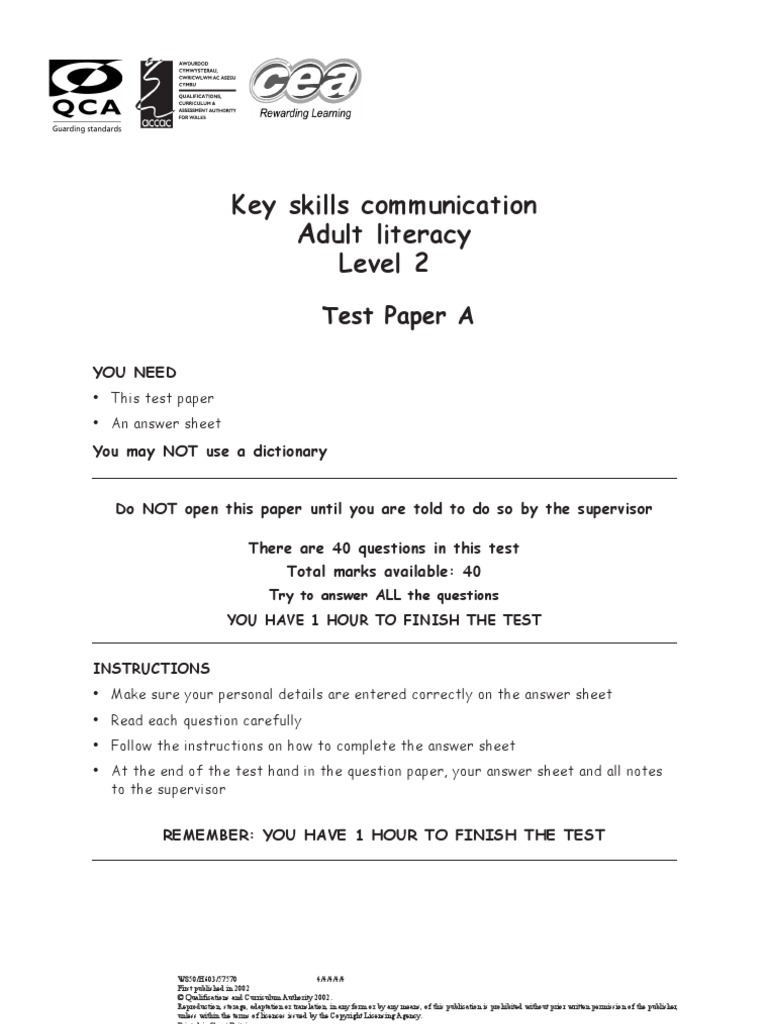 Key Skills Communication Adult Literacy Level 2: Test Paper A | PDF ...