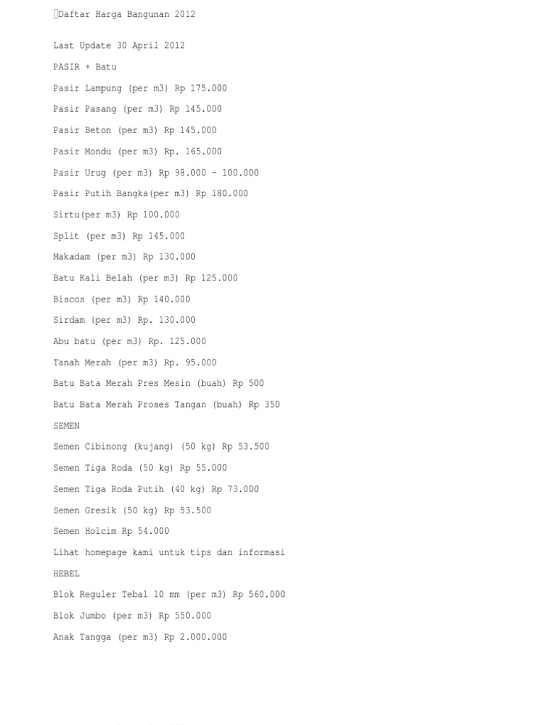 Daftar Harga Bangunan 2012 Benerin Rumah Yuuk